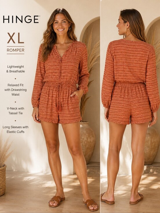 hinge Pants - Hinge Romper Orange Geometric Print Long Sleeve V Neck Drawstring Waist Boho XL